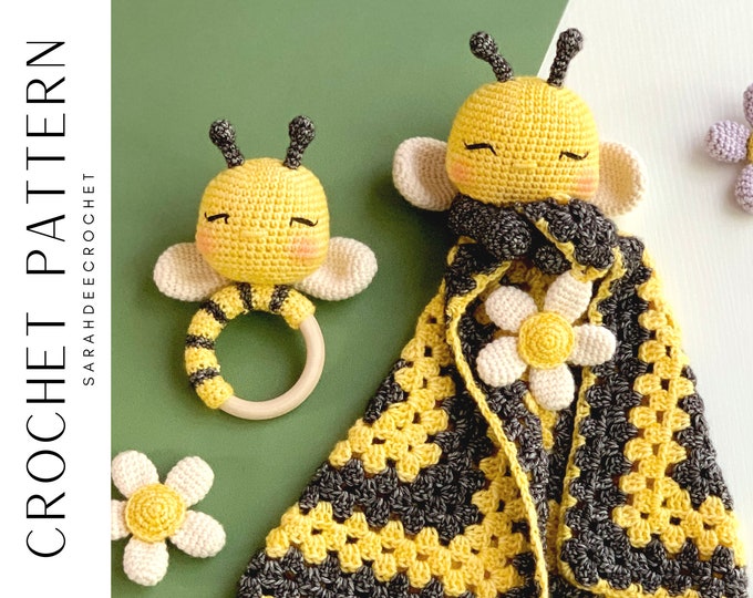 Featured listing image: Honey the Bee Lovey and Rattle Amigurumi Crochet Pattern