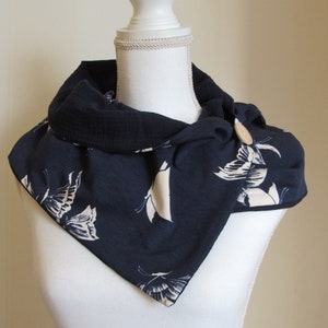Button scarf wrap scarf loop triangular scarf dark blue with butterflies