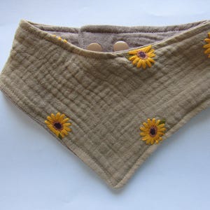 Dog bandana, muslin, beige with embroidered sunflowers, sizes XXXS - 2XL