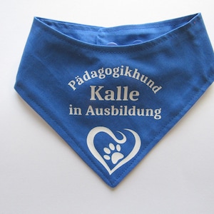 Op de afbeelding: Een blauwe hondenbandana met witte tekst "Pädagogikhund Kalle in Ausbildung". Onderaan een wit hart met een pootafdruk. De bandana is driehoekig en van stof.