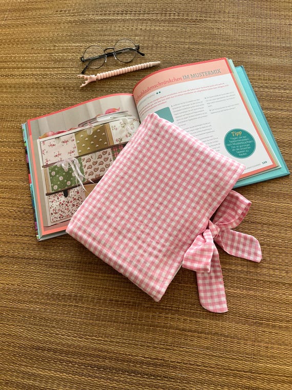 Pink Gingham Book Sleeve with Bow: Hand-Sewn Linen Book Cover