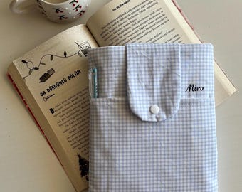 Personalized Blue Checkered Book Sleeve, Padded Book Pouch