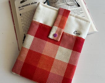 Personalized Book Sleeve with Pocket: Orange Checkered Padded Book Protector