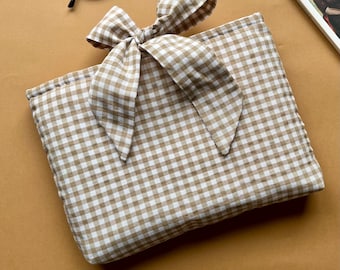 Checkered Linen Book Sleeve with Bow Tie: Hand Sewn Book Cover