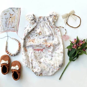 woodland baby girl romper, bubble romper, baby shower gift, baby girl clothes, newborn baby romper, fox baby clothes, Bambi image 1