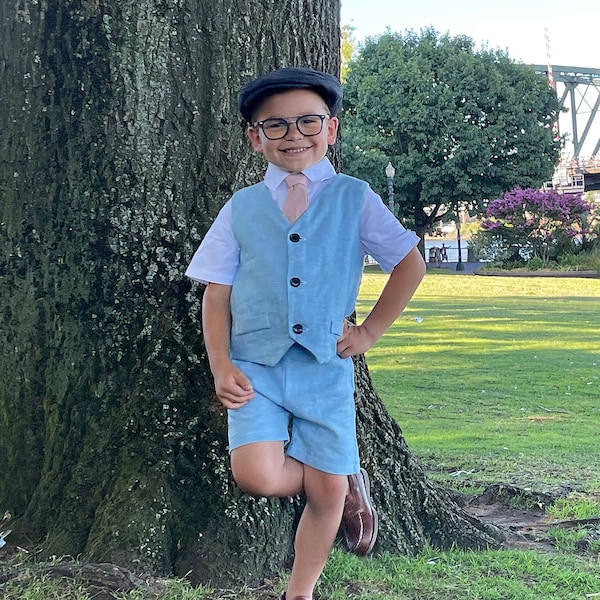 ring bearer outfit, suspender shorts for vintage style weddings, suit with linen vest blazer and bowtie, baby, toddler and youth sizes, blue