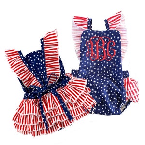 Girls July Fourth romper, Fourth of July outfit, Patriotic romper, July Fourth outfit, Independence Day outfit, monogram ruffle romper,