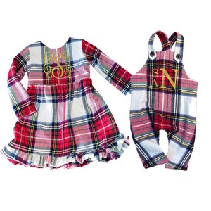 Tartan Plaid Christmas Outfit: Embroidered Romper & Dress