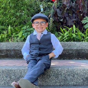 ring bearer outfit, suspender shorts for vintage weddings, suit with linen vest blazer and bowtie, baby, toddler and youth sizes, charcoal