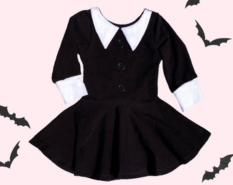 Wednesday Addams Costume Girls Peter Pan Collar Dress Short Sleeve  Halloween Outfit 