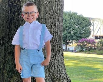 Ring Bearer Outfit, Linen Vest Suit, Suspenders Shorts, Vintage Wedding