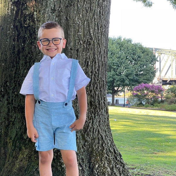 ring bearer outfit, suspender shorts for vintage style weddings, suit with linen vest blazer and bowtie, baby, toddler and youth sizes, blue