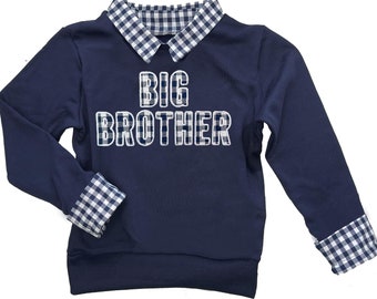 Big Brother outfit, collared sweater, Pregnancy Announcement, navy gingham shirt