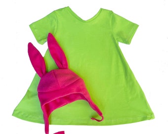 pink bunny ears costume, girls green dress costume, pink bunny ears hat, girls halloween costume
