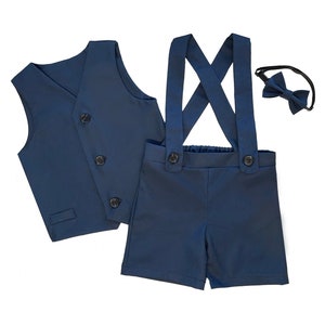 ring bearer outfit, suspender shorts for vintage style weddings, suit with linen vest blazer and bowtie, baby, toddler and youth sizes, navy