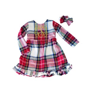 Tartan Plaid Christmas dress, embroidered dress, Toddler Christmas dress, red plaid dress. holiday dress, sibling set, matching bowtie