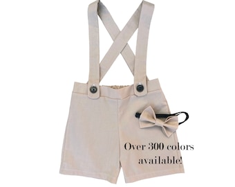 Khaki Linen Ring Bearer Outfit, Suspender Shorts, Bowtie Wedding Suit