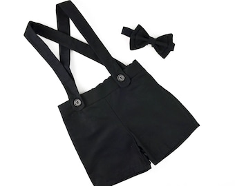 ring bearer outfit, suspender shorts for vintage weddings, suit with linen vest blazer and bowtie, baby, toddler and youth sizes, black