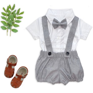 Baby Boys Linen Outfit, Suspender Bloomers, Vintage Style First Birthday Cake Smash Photo, Newborn outfit