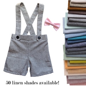 Ringträger Outfit, Hosenträger-Shorts für Hochzeiten im Vintage-Stil, Anzug mit Weste und Fliege, Leinen, Baby, Kleinkind und Jugend Größen, grau