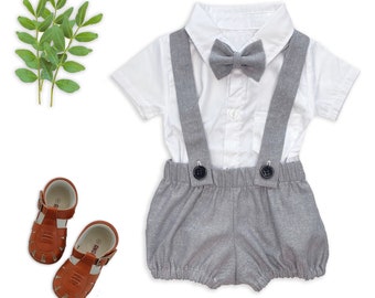 Baby Boys Linen Outfit, Suspender Bloomers, Vintage Style First Birthday Cake Smash Photo, Newborn outfit