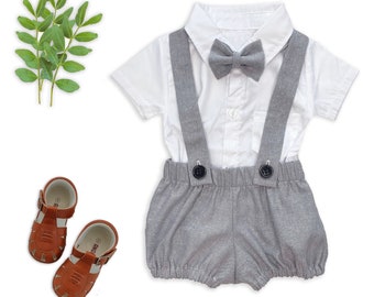 Tenue en lin pour bébé garçon, bloomer avec porte-jarretelles, photo de style vintage pour le premier gâteau d'anniversaire, tenue de nouveau-né