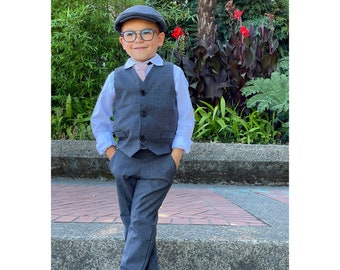 ring bearer outfit, suspender shorts for vintage weddings, suit with linen vest blazer and bowtie, baby, toddler and youth sizes, charcoal