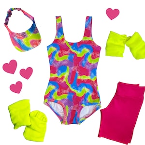 Adult 90&#39;s Malibu Rollerblade leotard set with bike shorts, visor and leg and arm warmers, 80&#39;s print skater workout outfit