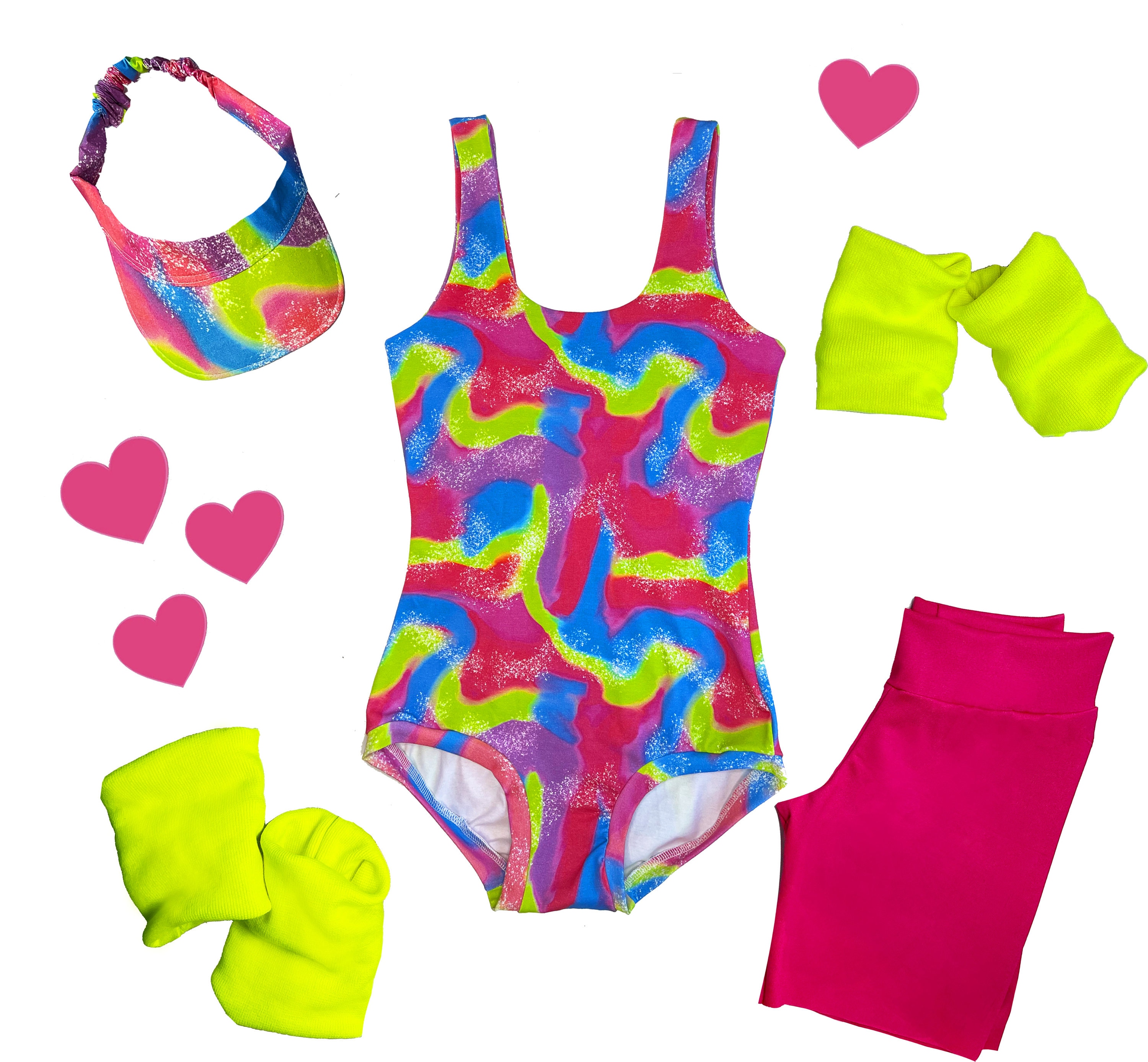Adult 90's Malibu Rollerblade leotard set with bike shorts, visor and leg and arm warmers, 80's print skater workout outfit