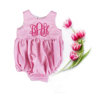 baby girl seersucker romper, pink and white monogrammed bubble romper, great for spring and summer baby showers and new baby gifts