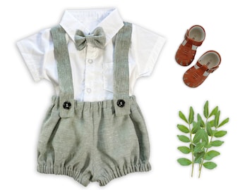 Baby Boys Linen Outfit, Suspender Bloomers, Vintage Style First Birthday Cake Smash Photo