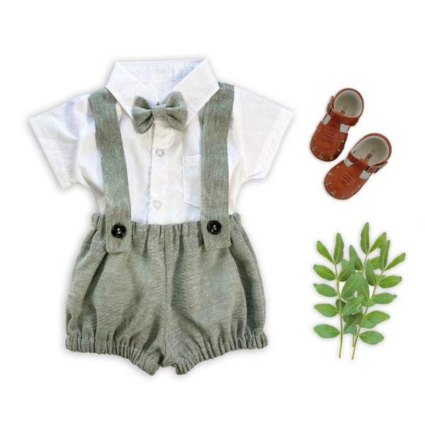 Baby Boys Linen Outfit, Suspender Bloomers, Vintage Style First Birthday Cake Smash Photo