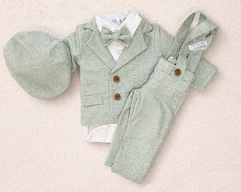 Linen Ring Bearer Outfit, Sage Green Vintage Wedding Suit, Suspenders, Bowtie, Jacket