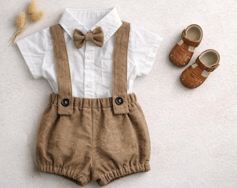 Baby Boys Linen Outfit, Suspender Bloomers, Vintage Style First Birthday Cake Smash Photo, Brown Linen