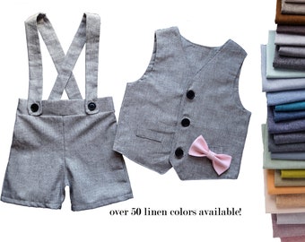 ring bearer outfit, suspender shorts for vintage style weddings, suit with linen vest blazer and bowtie, baby, toddler and youth sizes, grey
