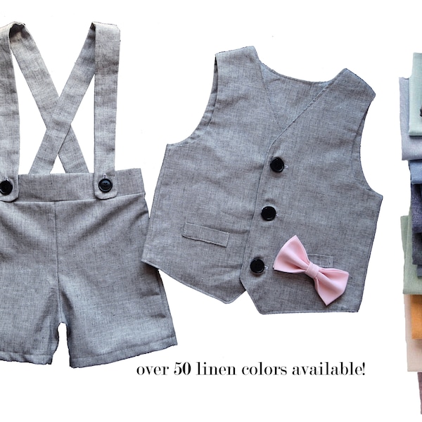 ring bearer outfit, suspender shorts for vintage style weddings, suit with linen vest blazer and bowtie, baby, toddler and youth sizes, grey