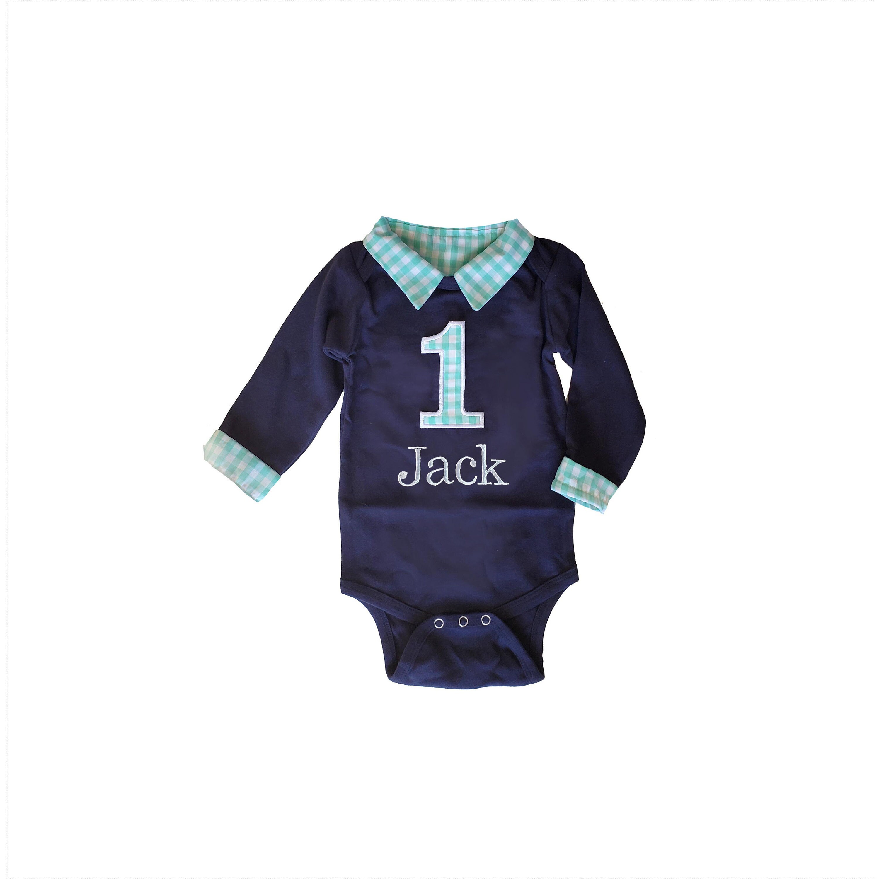 Boys First Birthday Outfit, Collared Birthday Bodysuit, Personalized Preppy Cake Smash Shirt, Aqua Gingham, image size:3000x3000