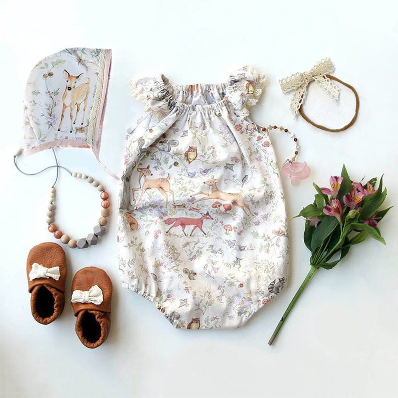 woodland baby girl romper, bubble romper, baby shower gift, baby girl clothes, newborn baby romper, fox baby clothes, Bambi