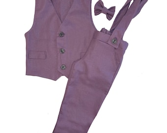 Linen Ring Bearer Outfit: Vintage Wedding Suspender Shorts Suit