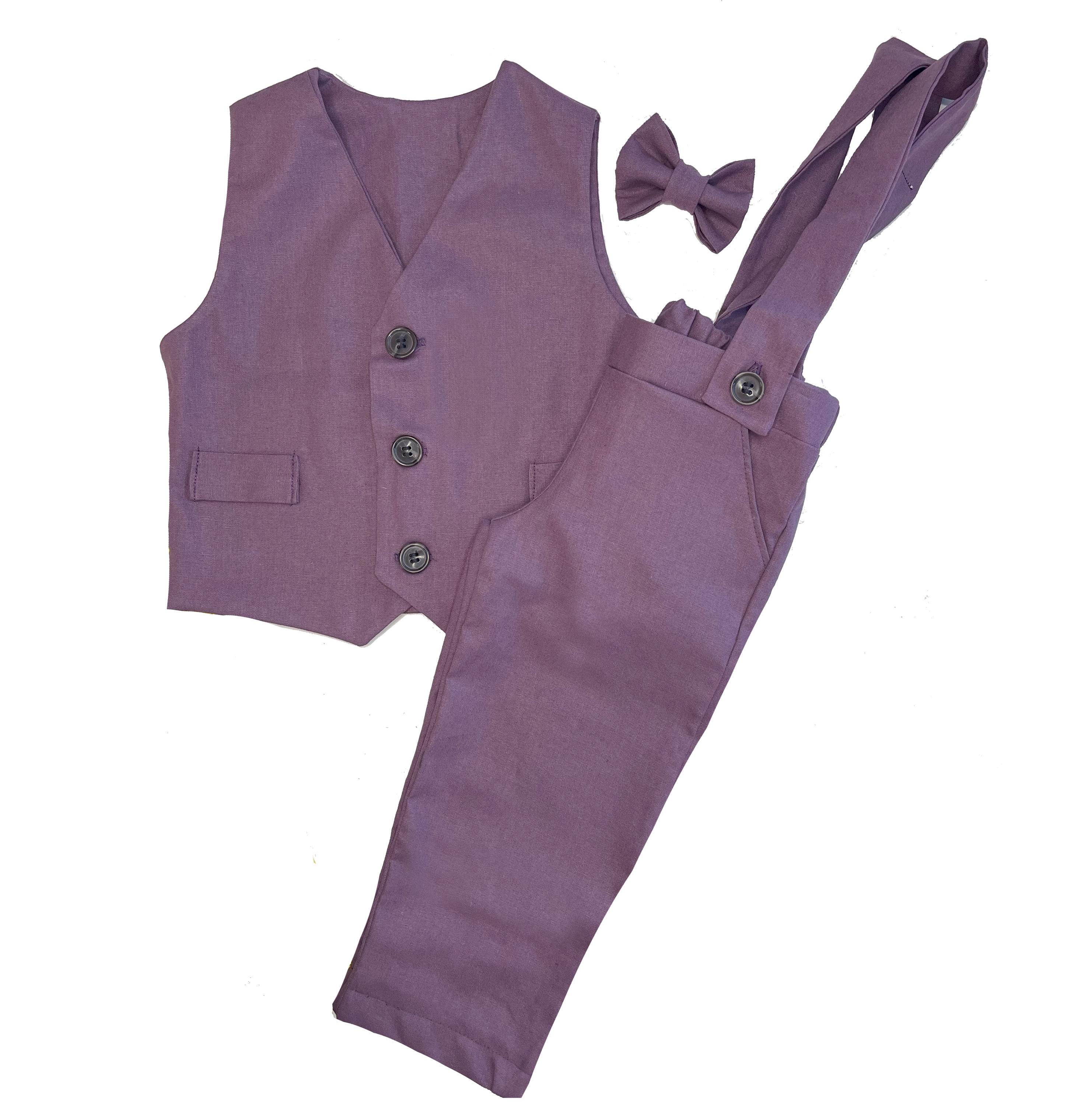 Linen Ring Bearer Outfit: Vintage Wedding Suspender Shorts Suit