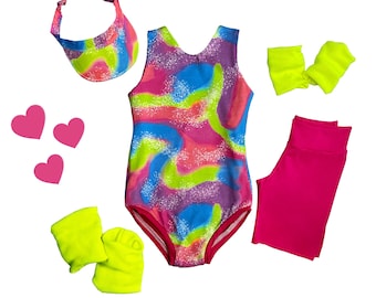 90's Malibu Rollerblade leotard set with bike shorts, visor and leg and arm warmers, 80's print skater workout outfit