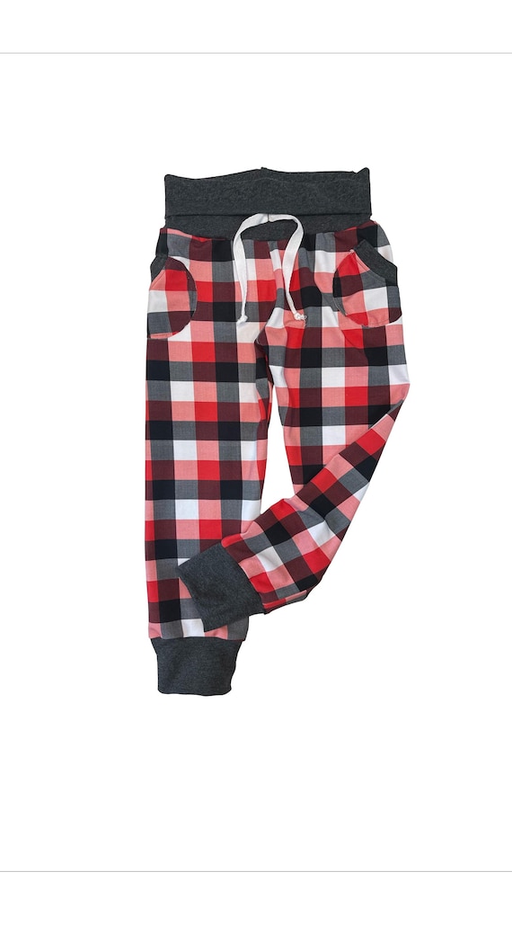 Ships by Christmas! Buffalo Plaid Christmas Family Pants, Stretchy Knit Joggers or Leggings