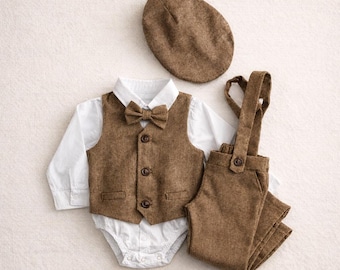 Linen Ring Bearer Outfit, Brown Vintage Wedding Suspender Shorts Suit,