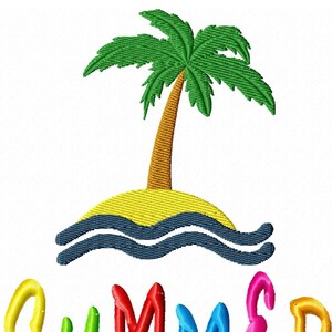 May include: A colorful illustration of a palm tree on a small island with waves. The word "SUMMER" is written in colorful letters below the island.