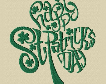 Happy St. Patrick's Day -A Shamrock Shaped Machine Embroidery Design for St. Patrick's Day (2 Sizes)