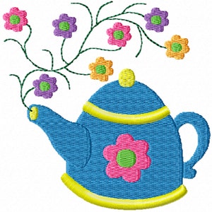May include: A blue teapot with a yellow lid and trim, decorated with a pink flower with a green center. A green vine with colorful flowers trails from the spout of the teapot.