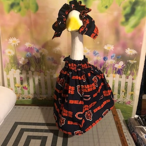 May include: A white goose wearing a blue and orange Chicago Bears themed dress and matching hat.
