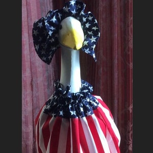 American flag goose outfit fits large concrete and plastic goose.