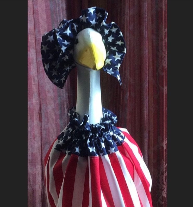 American flag goose outfit fits large concrete and plastic goose.