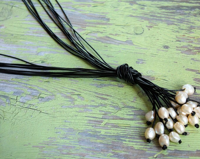 Black Leather Pearl Drop Necklace Leather Cord Necklace Etsy